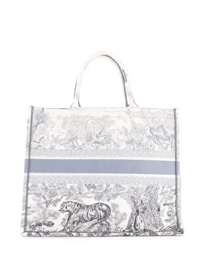 Pre-owned Dior Book Embroidered Canvas Large Tote Bag In Grey