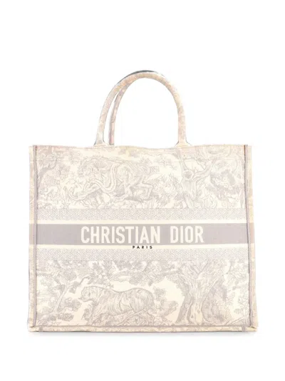 Pre-owned Dior Book Embroidered Canvas Large Tote Bag In Grey