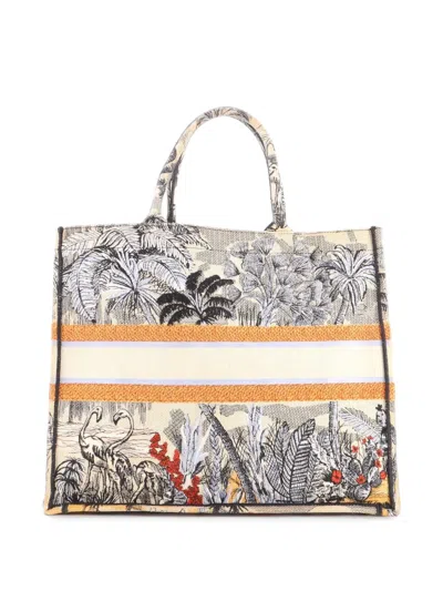 Pre-owned Dior Book Embroidered Canvas Large Tote Bag In Neutrals