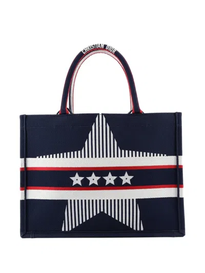 Pre-owned Dior Book Embroidered Canvas Medium Tote Bag In Blue
