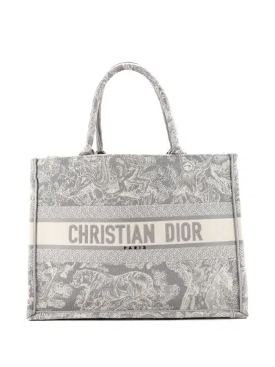 Pre-owned Dior Book Embroidered Canvas Medium Tote Bag In Gray