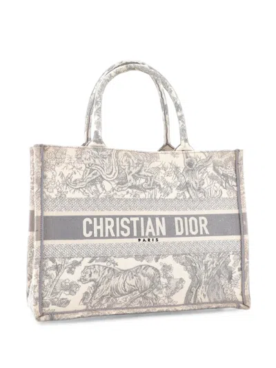 Pre-owned Dior Book Embroidered Canvas Medium Tote Bag In Grey