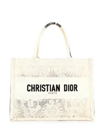 Pre-owned Dior Book Embroidered Lace Medium Tote Bag In Neutrals