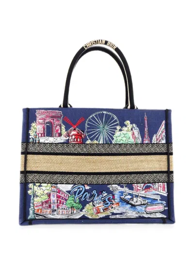 Pre-owned Dior Book Embroidered Raffia Medium Tote Bag In Blue