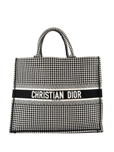 Pre-owned Dior Book Houndstooth Canvas Large Tote Bag In Black