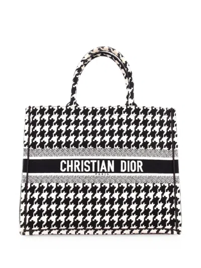 Pre-owned Dior Book Houndstooth Canvas Large Tote Bag In Black