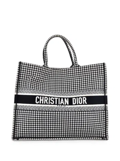 Pre-owned Dior Book Houndstooth Canvas Large Tote Bag In Black