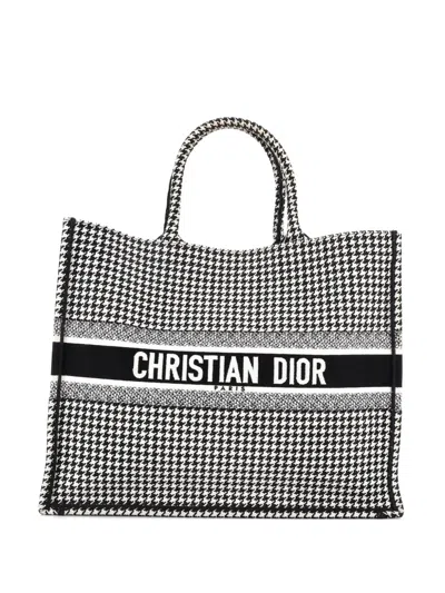 Pre-owned Dior Book Houndstooth Canvas Large Tote Bag In Black