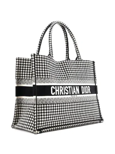 Pre-owned Dior Book Houndstooth Canvas Medium Tote Bag In Black