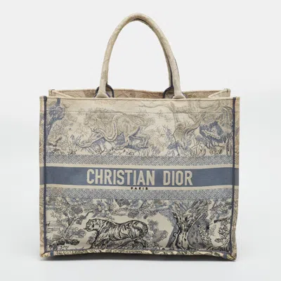 Pre-owned Dior Book Large Grey Toile De Jouy Embroidered Canvas Tote In Gray