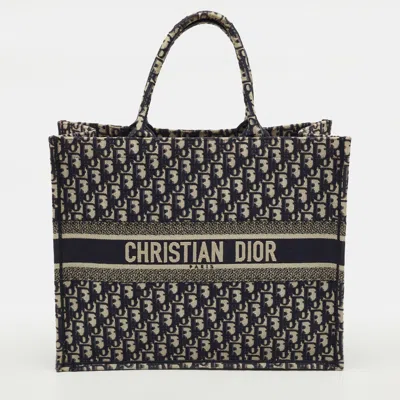 Pre-owned Dior Book Large Navy Blue Oblique Embroidered Canvas Tote
