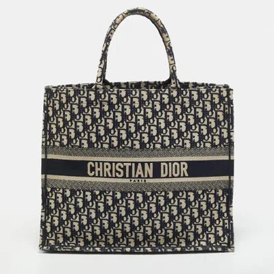 Pre-owned Dior Book Large Navy Blue Oblique Embroidered Canvas Tote