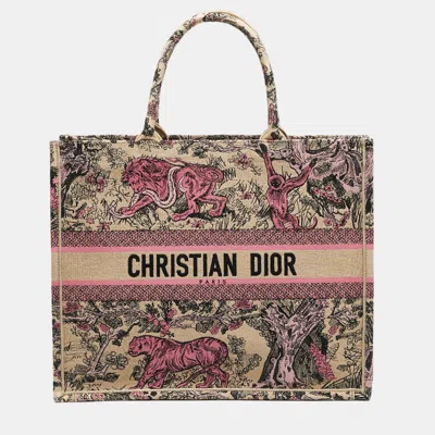 Pre-owned Dior Book Large Pink/beige Toile De Jouy Embroidered Raffia Tote