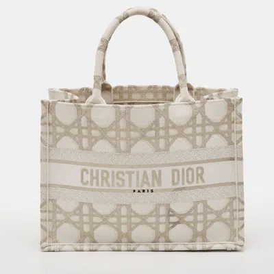 Pre-owned Dior Book Medium Cream/gold Embroidered Cannage Canvas Tote In White