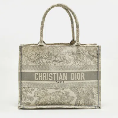 Pre-owned Dior Book Medium Grey/white Toile De Jouy Embroidered Canvas Tote In Gray