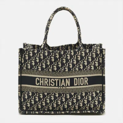 Pre-owned Dior Book Medium Navy Blue Oblique Embroidered Canvas Tote
