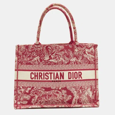 Pre-owned Dior Book Medium Pink/beige Toile De Jouy Embroidered Canvas Tote
