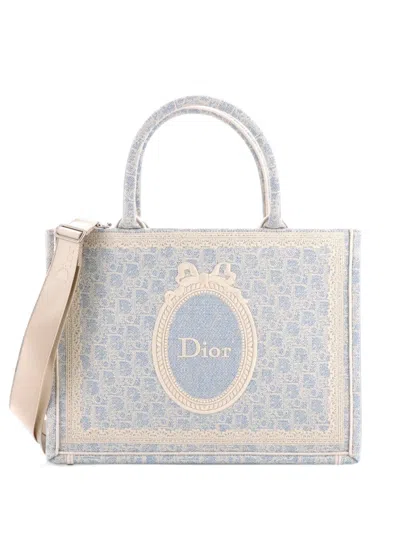 Pre-owned Dior Book Oblique Canvas With Lace Medium Tote Bag In Blue