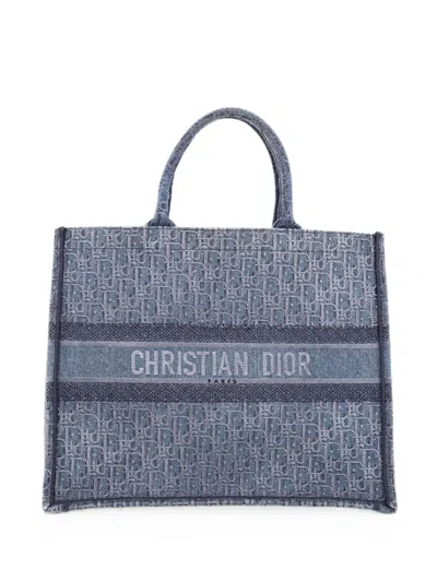 Pre-owned Dior Book Oblique Denim Large Tote Bag In Blue