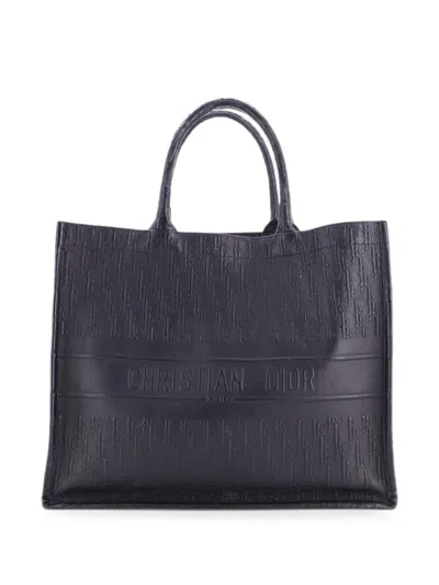 Pre-owned Dior Book Oblique Embossed Calfskin Large Tote Bag In Black
