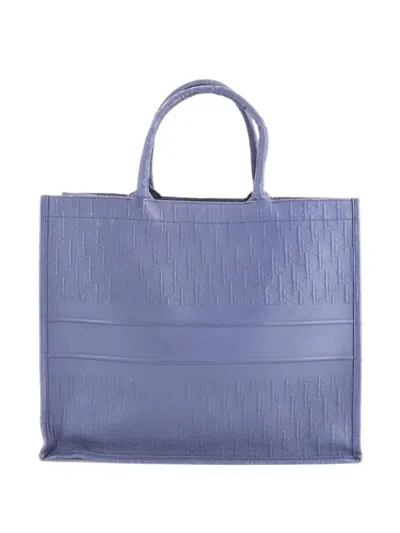 Pre-owned Dior Book Oblique Embossed Calfskin Large Tote Bag In Blue