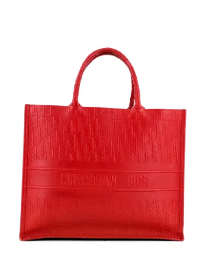 Pre-owned Dior Book Oblique Embossed Calfskin Large Tote Bag In Red