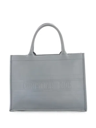 Pre-owned Dior Book Oblique Embossed Calfskin Medium Tote Bag In Gray