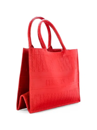 Pre-owned Dior Book Oblique Embossed Calfskin Medium Tote Bag In Red