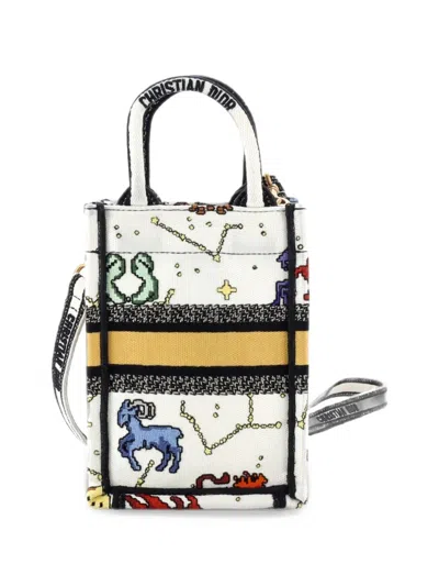 Pre-owned Dior Book Phone Bag Pixel Zodiac Embroidered Canvas Mini Tote Bag In Neutrals