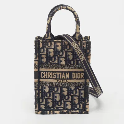 Pre-owned Dior Book Phone Mini Blue Oblique Embroidered Canvas Tote
