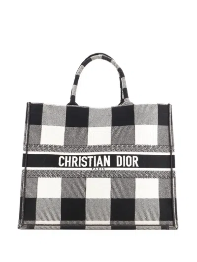 Pre-owned Dior Book Printed Check Canvas Large Tote Bag In Black