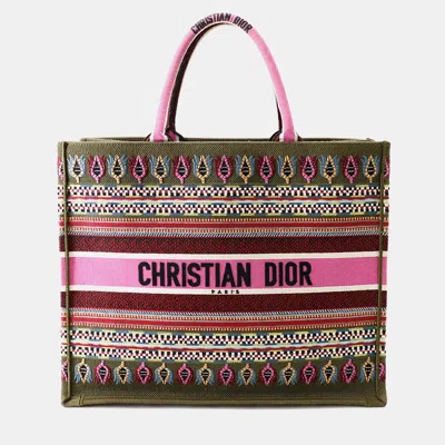 Pre-owned Dior Book Tote Botanical Pattern Khaki/purple/multicolor Canvas Size Large