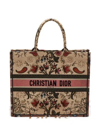 Pre-owned Dior Book Tote Floral-embroidered Tote Bag In Neutral