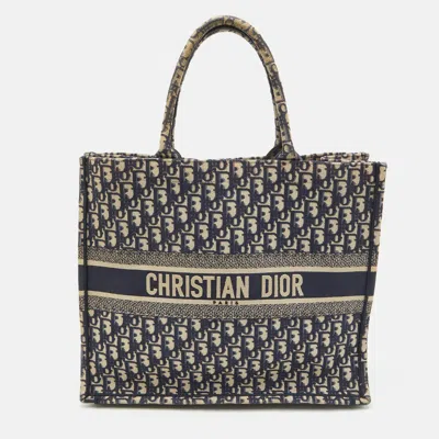 Pre-owned Dior Book Tote Large Navy Blue Oblique Embroidered Canvas Tote