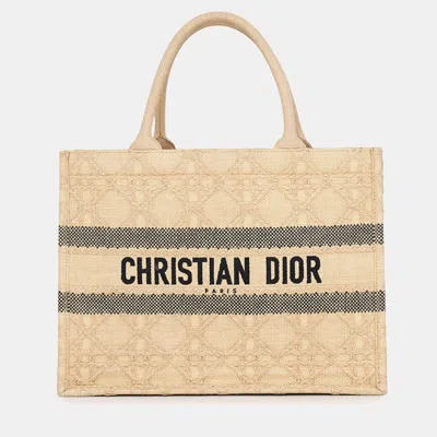 Pre-owned Dior Book Tote Medium Natural Black Raffia Tote Bag In Beige