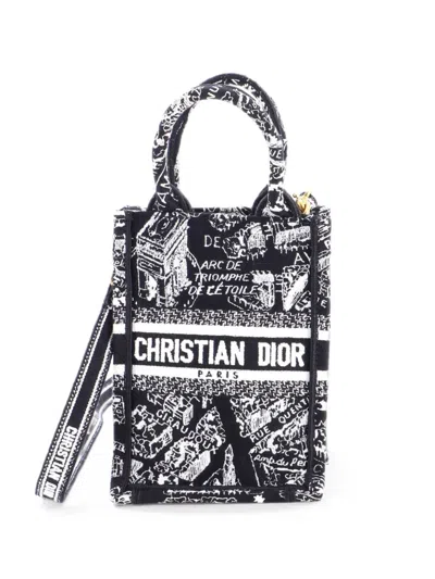 Pre-owned Dior Book Tote Phone Bag Embroidered Canvas Mini Crossbody Bag In Black
