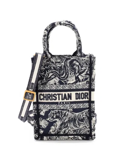 Pre-owned Dior Book Tote Phone Bag Embroidered Canvas Mini Crossbody Bag In Blue