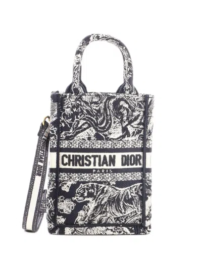 Pre-owned Dior Book Tote Phone Bag Embroidered Canvas Mini Crossbody Bag In Blue