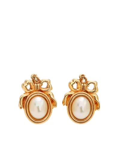 Pre-owned Dior Bow Faux-pearl Clip-on Earrings In Gold