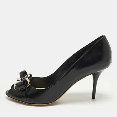Pre-owned Dior Bow Size 36 Black Patent Leather Peep Toe Pumps