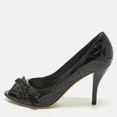 Pre-owned Dior Bow Size 36.5 Black Cannage Patent Leather Peep Toe Pumps