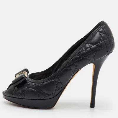 Pre-owned Dior Bow Size 39 Black Cannage Leather Peep Toe Pumps