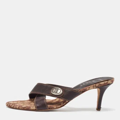 Pre-owned Dior Brown Canvas And Leather Slide Sandals 40.5
