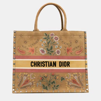 Pre-owned Dior Brown Large Studded Embroidered Suede Floral Book Tote