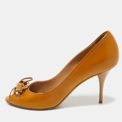 Pre-owned Dior Brown Leather Bow Peep Toe Pumps Size 38.5