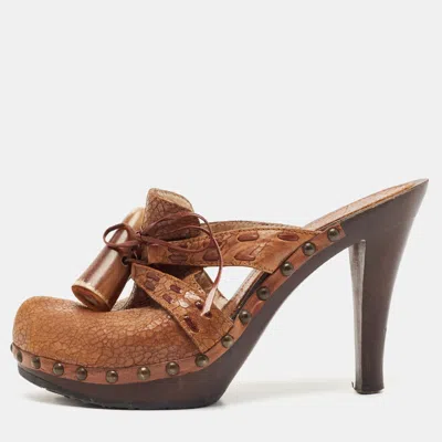Pre-owned Dior Brown Leather Platform Wooden Clogs Size 38
