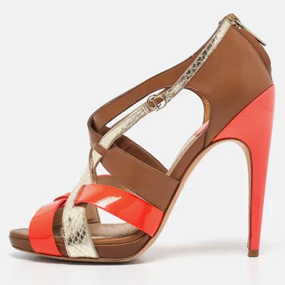 Pre-owned Dior Brown Leather Python Embossed And Leather Strappy Sandals Size 36.5