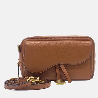 Pre-owned Dior Brown Leather Saddle Double Pouch