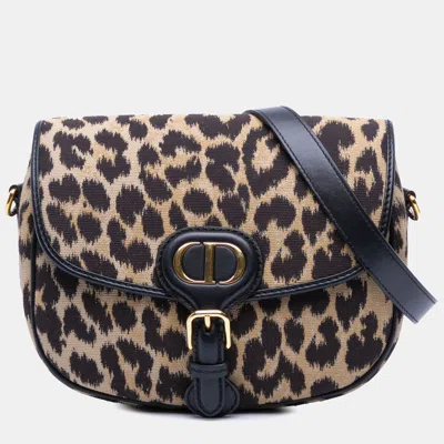 Pre-owned Dior Brown Mizza Medium Embroidered Canvas Leopard Bobby Crossbody