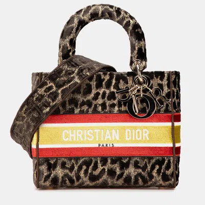 Pre-owned Dior Brown Mizza Medium Embroidered Velvet Leopard Lady D Lite Bag